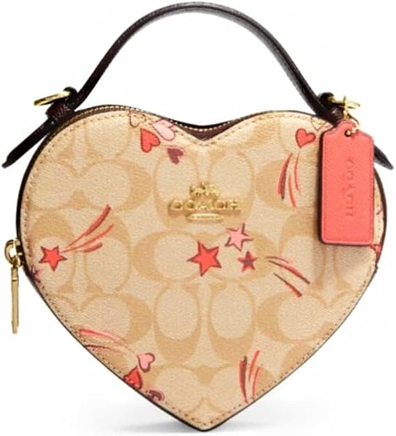 Coach WOMENS Heart Crossbody bag In Signature Leather With Stars Print Light Khaki Pink Multi