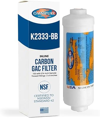 Omnipure K2333 Inline Carbon Water Filter GAC T33 2 x 6 Inch Cartridge 14 Female Thread Fittings Compatible with Axeon CRO 50 WM5 50 Reverse Osmosis Systems K2333-BB