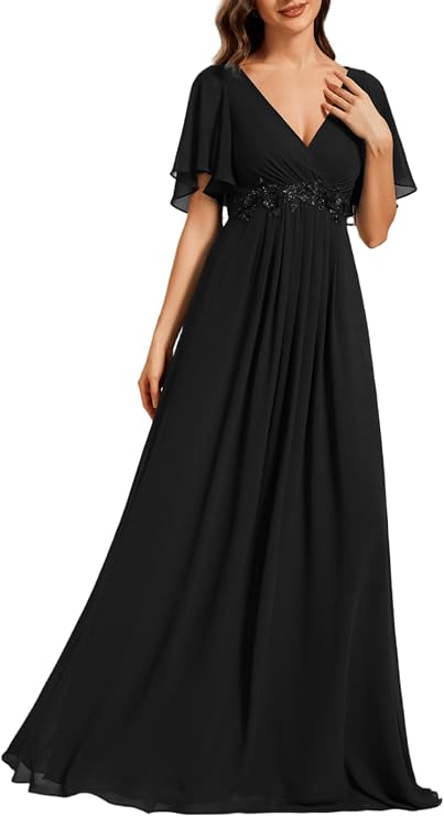 Ever-Pretty Women's Spring Short Sleeve Bridesmaid Dresses V-Neck Chiffon Ruched Empire Waist Appliques Long Formal Dress