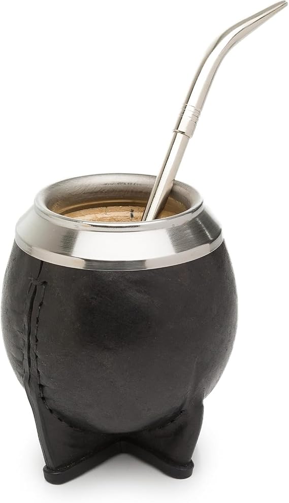 Yerba Mate Gourd Set with Stainless Steel Straw | Handmade Leather Yerba Mate Cup and Bombilla Set from Argentina - Beach Essentials - Idea for Gifts | Travel Cup Mate