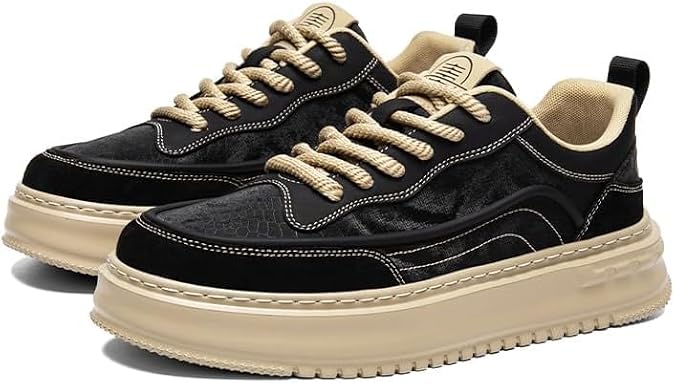 Men's Fashionable Leather Thick-Soled Lace-up Sneakers Vintage Lightweight Round-Toe Casual Shoes