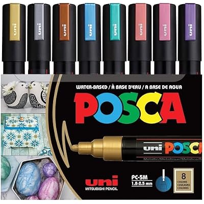 posca Markers Set, 8 Medium Paint Markers 5M, Metallic Tones Gold, Silver, Bronze, Blue, Green, Red, Pink, Violet