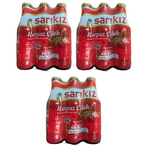 Watermelon Strawberry Flavored Mineral Carbonated Drink BySarikiz, Karpuz Cilek Aromali Soda, Natural Beet Sugar, 6 x 200 ml Bottles, Pack of 3