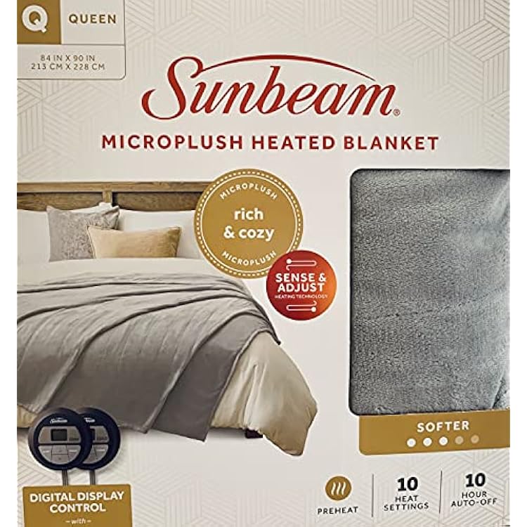 Sunbeam Queen Microplush Electric Heated Blanket with 10 Heat Settings, Preheat Feature, 2 Personalized Controllers, UL Certified Gray