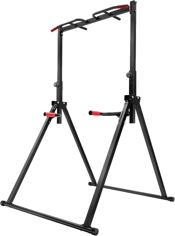 Pull Up Bar Dip Station Foldable Power Tower Adjustable Workout Pull Up Tower Station Multi-Function Home Gym Strength Training Fitness Equipment, Triangular Legs, Support 440lbs