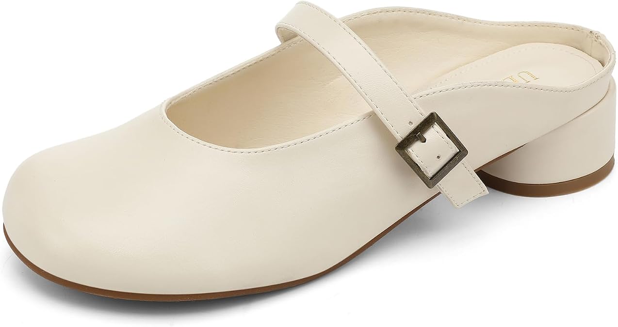 UBFEN Womens Mary Jane Mules Slip On Dressy Slides Chunky Low Heel Comfortable Round Toe Shoes