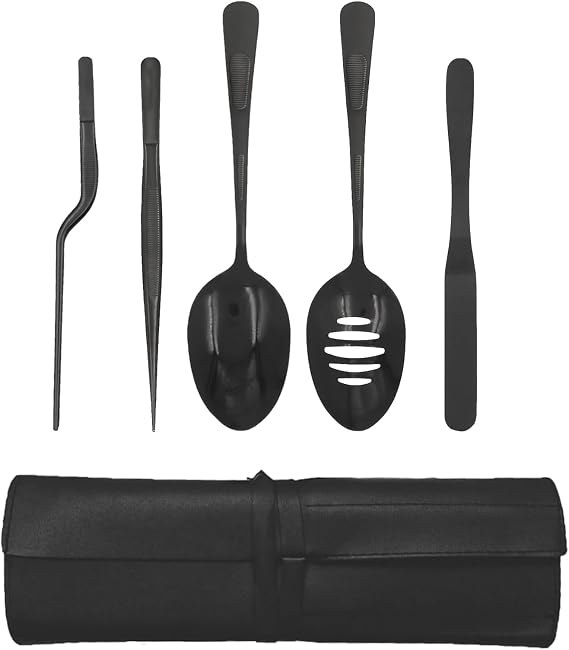 Professional Chef Tools | Plating Tools Culinary Set | Piece Culinary Tool Set | Premium Stainless Steel Chef's Plating Tool Set | Kitchen Tweezers & Fish tongs & Spatula & Slotted Spoon (Black) (5)