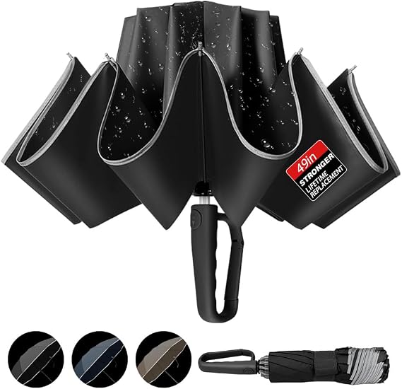 TOPSAIL 10 Ribs Inverted Umbrella with Carabiner Handle, Large Sturdy Folding Umbrellas Windproof for Rain & Sun, 49" Big Reverse Foldadble Umbrella for Travel Portable with Safe Reflective Strip, for Women Men