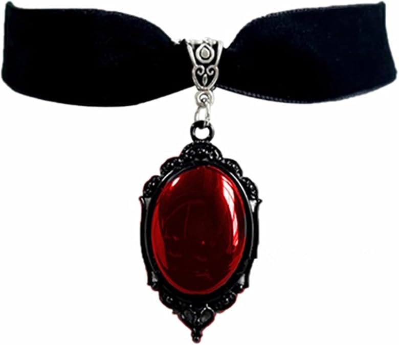 Gothic Victorian Velvet Choker Necklace Vintage Punk Black Blood Red Oval Birthstone Crystal Vampire Wide Lace Choker Necklace for Women Goth Halloween Christmas Cosplay Party Costume Jewelry Gifts