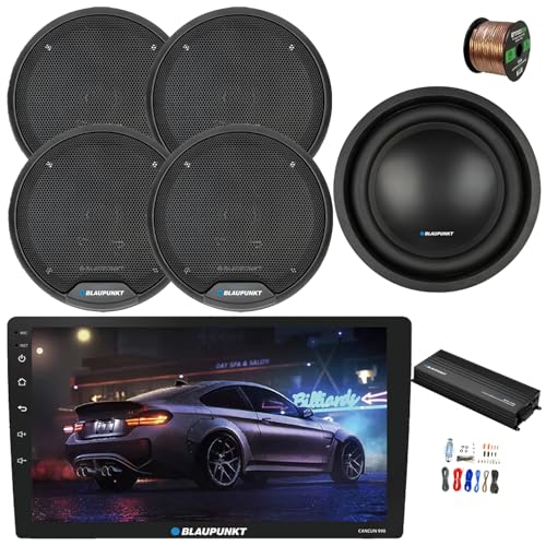 Blaupunkt Cancun 990 9 Touchscreen Single DIN WiFi Bluetooth AMFM Digital Multimedia Receiver, 5-Channel Amplifier wKit, 10 Subwoofer, 4x 6 40 Watt Max 3-Way Car Speakers w Wire