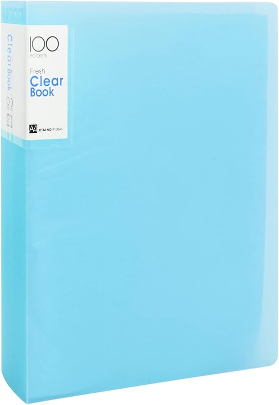A4 Display Book with 100 Pockets Clear PP Presentation Book Folder with Transparent Envelopes Music Sheet Project Folder - Home School Office (Blue)