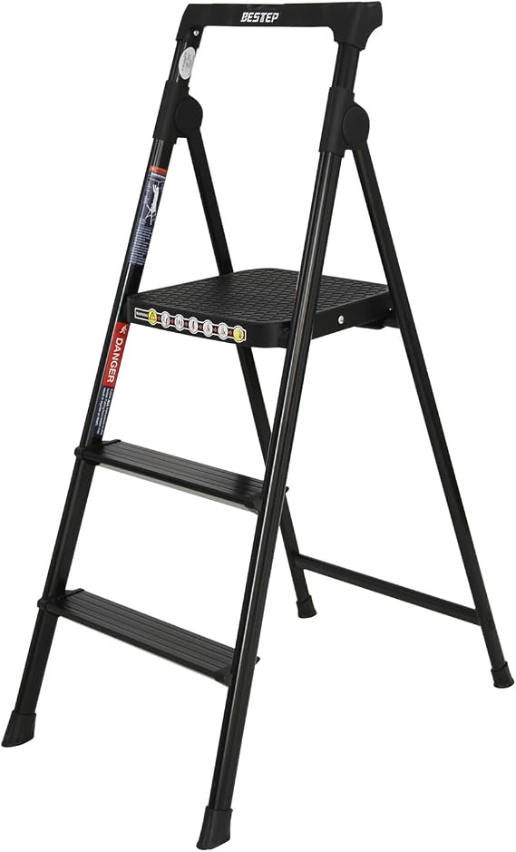 Stepladder, Aluminum Lightweight Folding Three Step Ladder with Tray,13.8"13" Wide Platform,Black Paint,ANSI-ASC A14.2-2017,Ladder for Home,Sturdy and Portable (YQJT-3L)