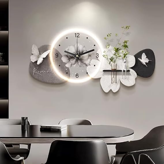 Large 3D Wall Art Clock, Silent Decorative Wall Clock with LED Light, Creative Wall Sculpture Painting, Versatile Butterfly Wall Hanging Clocks, for Living Room(Black A,80x40cm/31.4"x15.7")
