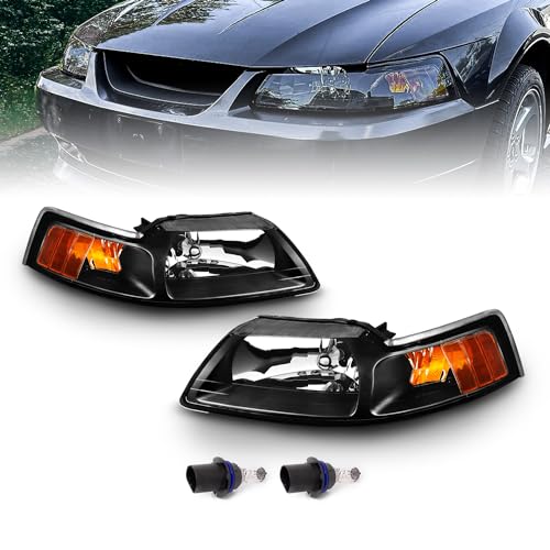 AmeriLite for 1999-2004 Ford Mustang New Edge Clear Black Replacement Headlights Assembly Pair - Passenger and Driver Side