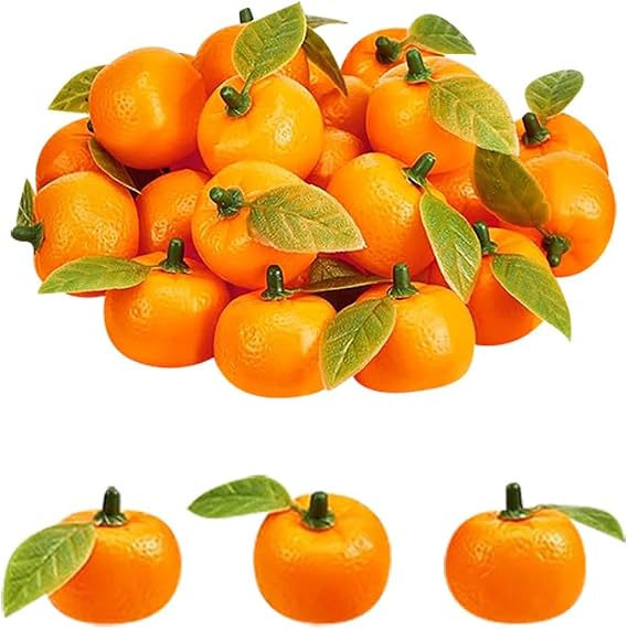 FSSTUD 24 Pcs Mini Artificial Oranges Small Plastic Fake Oranges Faux Decorative Oranges Realistic Fake Fruits Artificial Simulation Fruits with Leaf for Home Kitchen