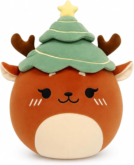 Christmas Reindeer Plush Toy - 11" Soft Holiday Hug Pillow with Tree Hat | Soft Squishy Design, Embroidered Face, Holiday Theme, Kids Plush Pillow, Star Topper Detail
