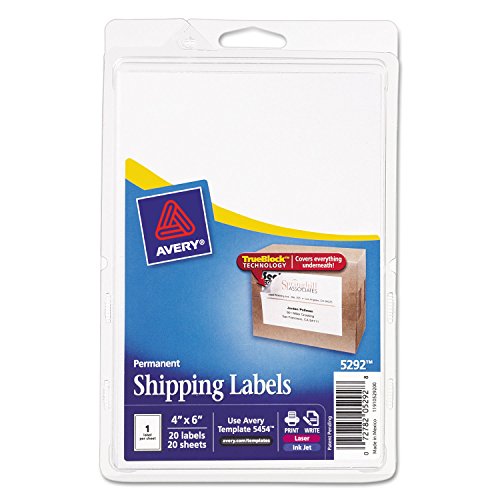 Avery 5292 Shipping Labels, LaserInkjet, 4-Inch x6-Inch, 20 LabelsPK, White