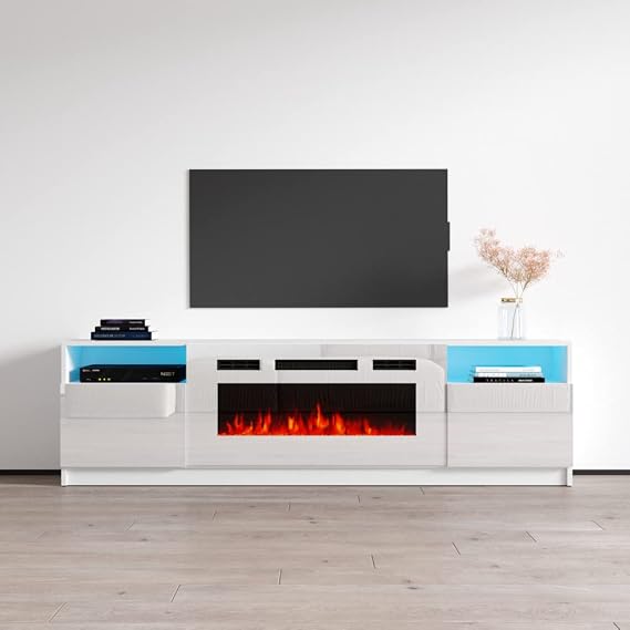 Meble Furniture WH02 Electric Fireplace TV Stand High Gloss Finish Storage Cabinets, LED Lights, 79 in White