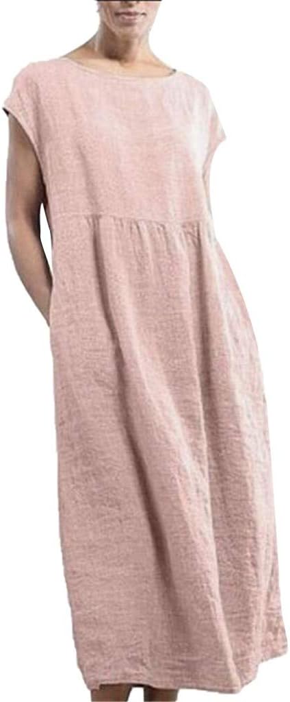 Women Solid Sleeveless O-Neck Maxi Pockets Linen Loose Baggy Kaftan Long Dress Tea Length