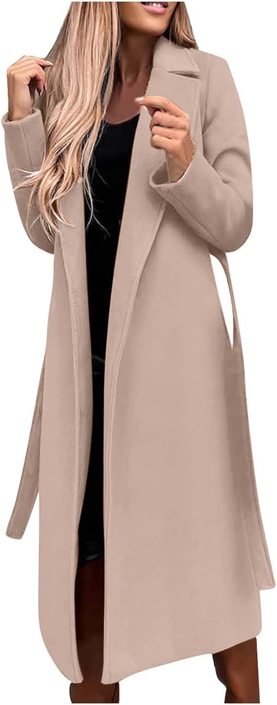Trench Coat for Women, Long Casual Jacket Windproof Classic Lapel Slim Outwear Solid Overcoats with Belt 2024