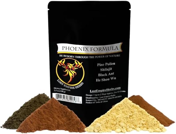 Phoenix Rejuvenation Formula - Lost Empire Herbs Energy Blend of 4 Top Natural Health Herbs Pine Pollen, He Shou Wu, Ant, and Shilajit (100g Powder)