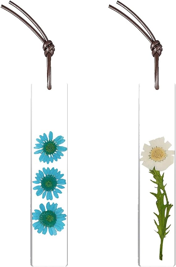Epoxy Dried Flower Resin Pressed Flower Transparent Acrylic Bookmark for Kids, Woman, Teacher, Students - Reading Planner Book Club (Blue+Chrysanthemum-2pcs)