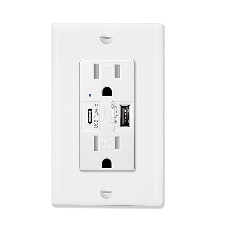 Type C Outlet on Wall,1PK Greencycle 21W 4.2A 2 Port USB Wall Outlet,15A Receptacle with Type C & USB Ports,Charger for iPhone 15/iPad/Samsung/Android Devices,TR UL Listed,White