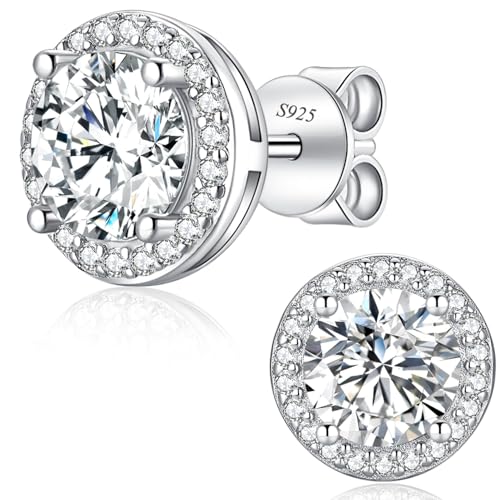 Moissanite Earrings Studs for Women, Round Cut D Color VVS1 Clarity Lab Created Moissanite Earrings Studs 18K White Gold Plated 925 Sterling Silver Earrings Jewelry Engagement Gifts for Women Men