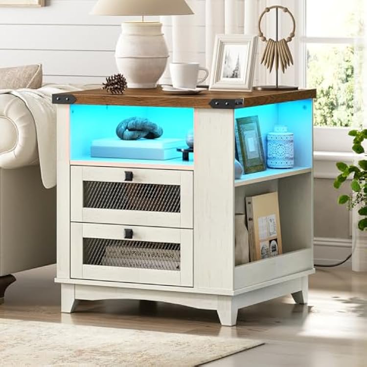Farmhouse End Table with Charging Station, 24Large Sofa Side Table with LED Light and 2 Drawers, Square Nightstand with Side Shelves, for Bedroom, Living Room, Office, White and Walnut