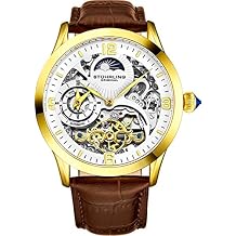 Stuhrling Original Automatic Watch for Men Skeleton Watch Dial, Dual Time, AM/PM Sun Moon, Leather Band, Mens Watches Series