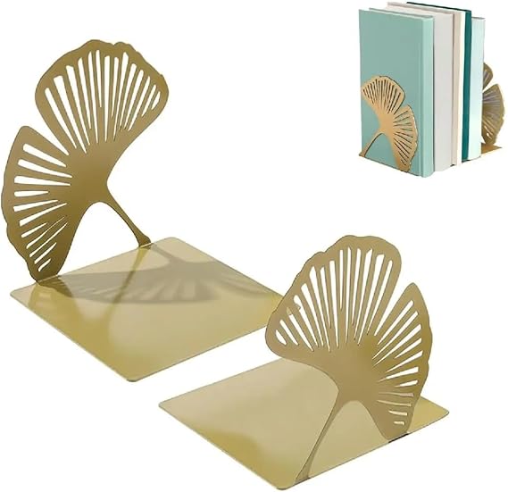 Demarsen 2 Pcs Bookends in Metal,Ginkgo Leaves Organizer Book Stopper,Anti Scratch and Non-Skid Decorative Bookends for Decor Home Office Library School Desk Gift  