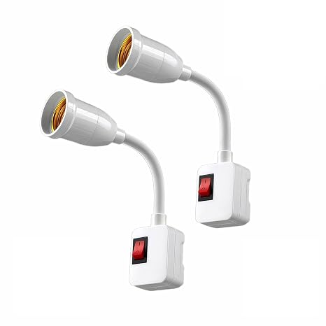 2-Pack E26/E27 Socket Extension with On/Off Switch, 360 Fully Flexible Neck Plug-in Light Socket Adapter, No Wiring Needed,Flame Retardant PC,for Bedroom,Night Light,Garage,Closet,and Bulb Camera