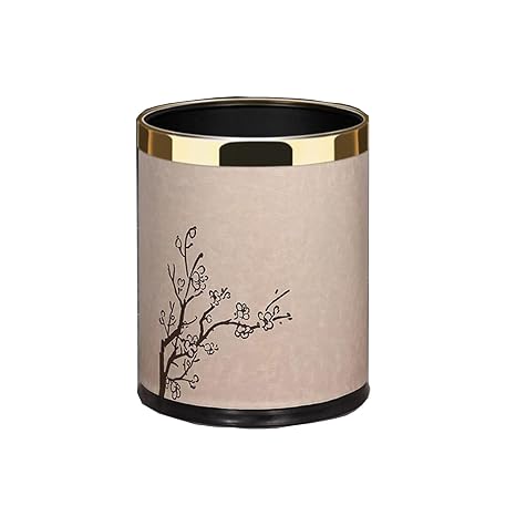 Luxury Metal Waste Bin 10L, Double Layer Trash Can PU Leather Covered Round Wastebasket Dust Bins for Kitchen Bathroom Hotel Office (Meihua Gold Ring), 23-26.5, ljt04