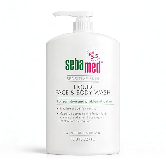SEBAMED Sensitive Skin Face and Body Wash for Women and Men, pH 5.5, Mild Gentle Hydrating Cleanser, Hypoallergenic Body Wash, Dermatologist Recommended, 33.8 Fluid Ounces (1 Liter)