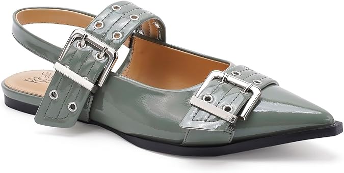 Beast Fashion Women's Slingback Flats Studded Buckle Straps Flats Slip-On Slides Pointed Toe Flats Adjustable Strap Sandals Dressy Shoes