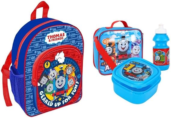 Official Licensed Kids 4-Piece School Set Backpack, Lunch Bag, Water Bottle & Snack Box Back to School Bundle for Boys & Girls (Deluxe Thomas & Friends + 3Pcs Lunch Set Bundle 13)