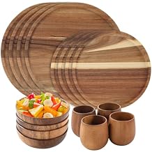 16 Pcs Acacia Wood Dinnerware Set, Includes 4 pcs 9.8-in Round Plates, 4 pcs 7.9-in Round Plates, 4 Solid Wood Bowls, and 4 Tea Cups, Easy to Clean & Lightweight, Perfect for Meals, Snacks & Desserts