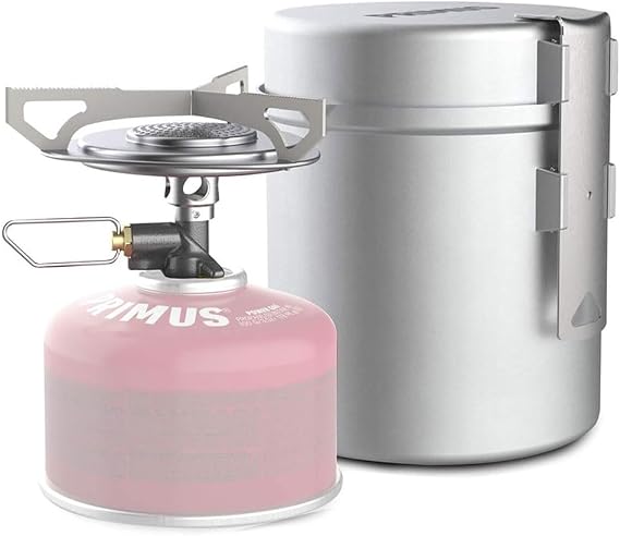 Primus | Essential Trail Kit Backpacking Kitchen | Sit-on-top Stove, 0.5L Pot, and Pan, Silver (P-351150)