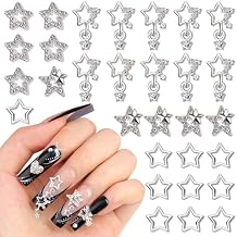 30Pcs 4 Styles 3D Pentagram Nail Charms Set 1, Silver Shiny Luxury Star Gems, Crystal Diamond Jewels Studs with Rhinestones for Nail Design, Nail Art Decoration Set for Acrylic Nails