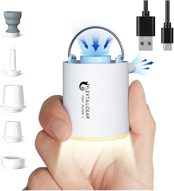 FLEXTAILGEAR Tiny Pump X Portable Air Pump+ Camping Light Ultra-Mini Air Pump with 1300mAh Battery USB Rechargeable for Sleeping Pads Pool Floats Air Bed Air Mattress Swimming Ring