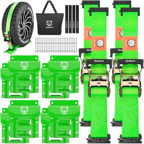 Wheel Chock Tie Down Straps kit for Trailers, E-Track Heavy-Duty Wheel Tie-Down Set for Lawn UTV ATVs, SUV,Mowers and Tractors 4500 lbs Break Strength, 4-Pack 2in x 8ft