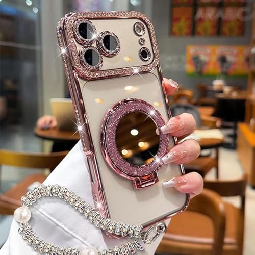 Sparkling Diamond Womens Phone Case with Mirror & Stand for iPhone, Magnetic Kickstand Glitter Case, Slim, Shockproof & Anti-Scratch Cute Bling Rhinestone with Camera Protector Pink, 17