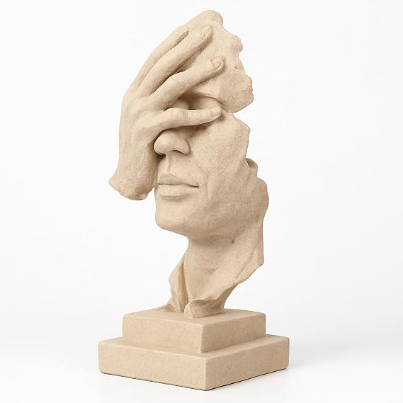 Abstract Thinker Resin Sculpture – Modern Silent Face Statue with Hand – 33cm Tall Stone Effect Decorative Ornament for Home Office Desk Shelf – Minimalist Art Figurine Gift for Men Women Decor