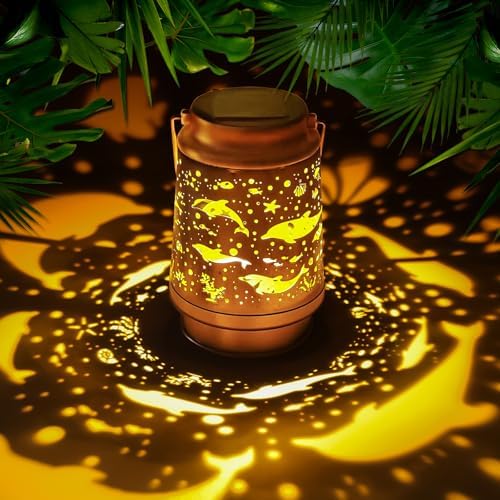 Dolphin Birthday Gifts for Women Mom Grandma, Solar Lanterns Outdoor Waterproof Garden Decor Hanging Lantern Lights, Metal LED Decorative Gardening Light for Patio Yard Lawn