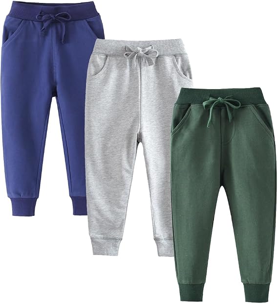 Boys Pants, Toddler 3 Pack Drawstring Elastic Sweatpants Active Joggers