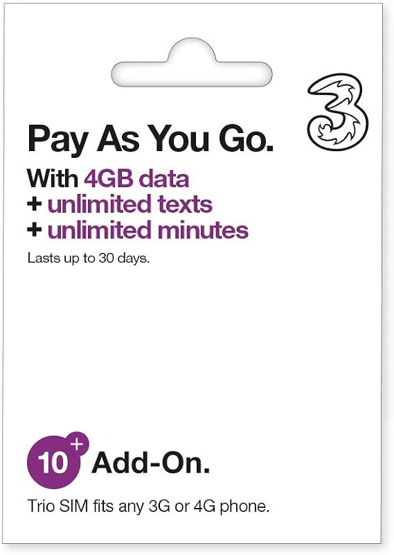 Three 4GB Data Pay As You Go SIM