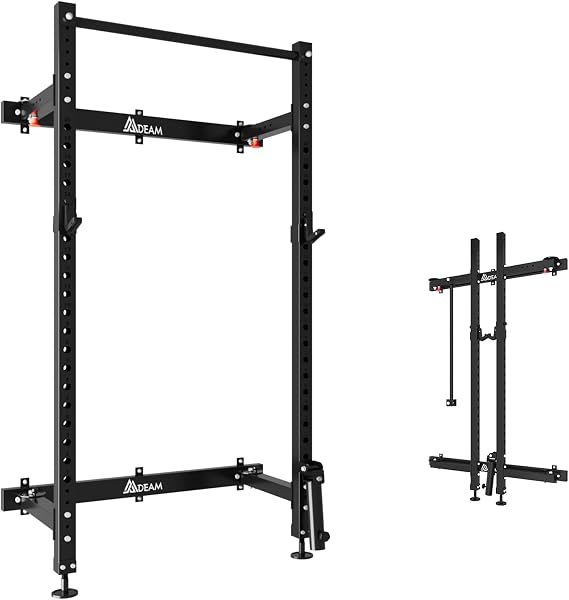Mdeam Folding Squat Rack, 2.36"x2.36" Steel Wall Mounted Power Rack for Home Gym Space-Saving Foldable Squat Cage 1000LBS Capacity with Pull Up Bar/J-Hooks/Landmine