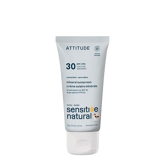 ATTITUDE Mineral Sunscreen for Baby and Kids with Sensitive Skin, EWG Verified, Broad Spectrum UVA/UVB, Dermatologically Tested, Plant and Mineral-Based Formula, Vegan, SPF 30, Unscented, 2.6 Oz