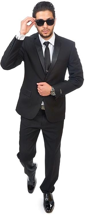 AZAR MAN Slim Fit Men Suit Tuxedo Black 2 Button Satin Collar Flat Front Pants