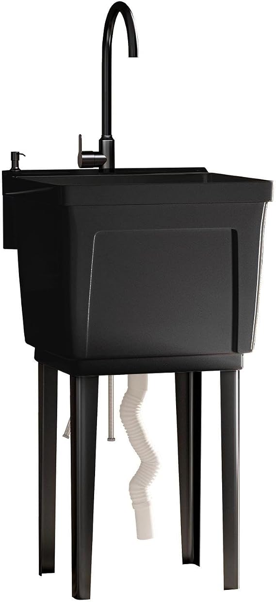 TABU Utility Sink with Hot/Cold Stainless Steel Faucet, 20'' Freestanding Laundry Tub with Adjustable Legs for Bathroom, Pet Bathing & Garage, with Soap Dispenser, Black